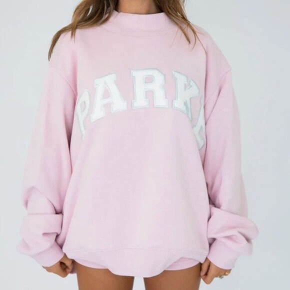 Parke Sweaters - PARKE Light Pink Mock Neck Varsity Sweatshirt S/M